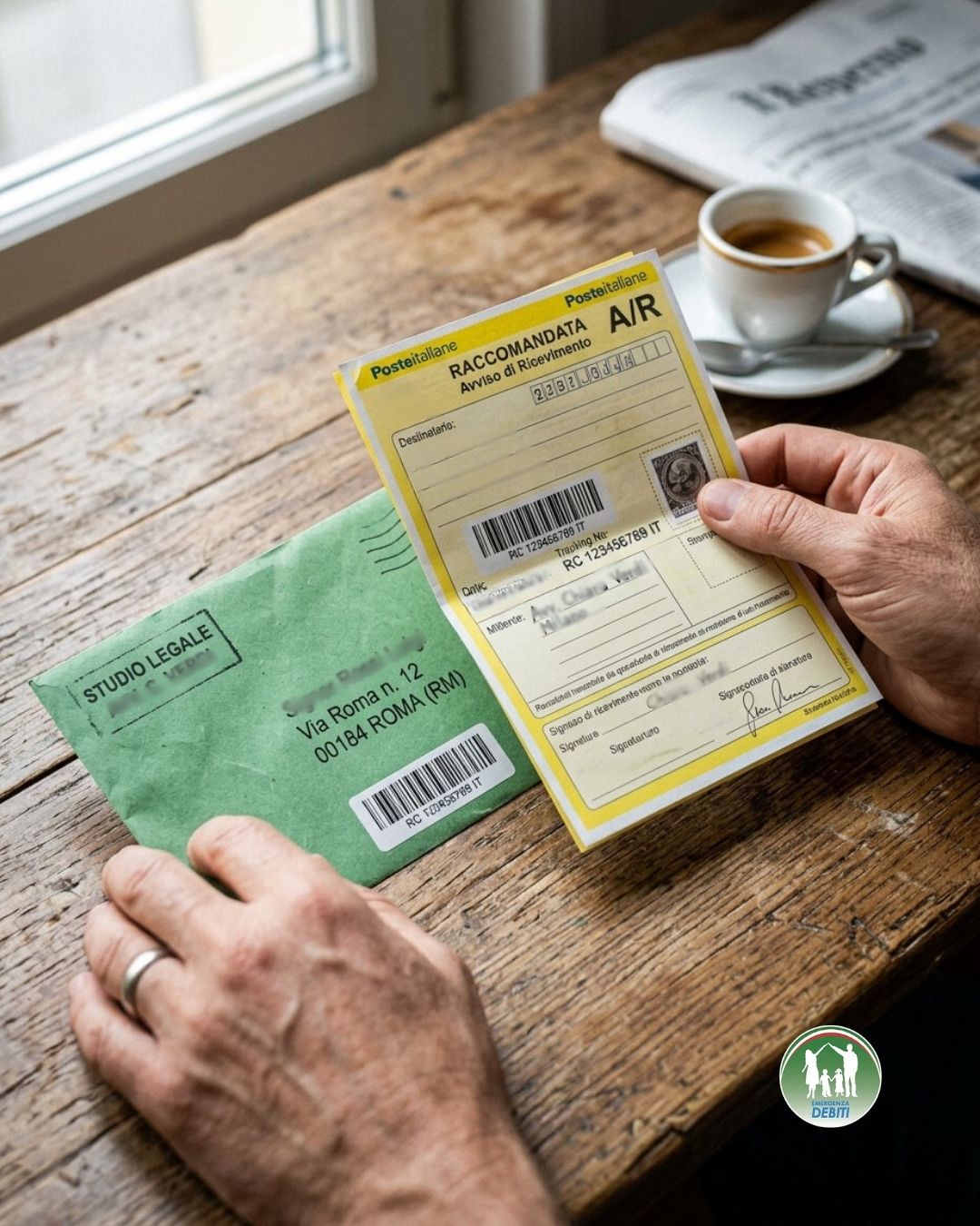 Busta verde e ricevuta di raccomandata A/R pronte per inviare un formale reclamo segnalazione banca/finanziaria e chiedere la rettifica dati centrale rischi / SIC.