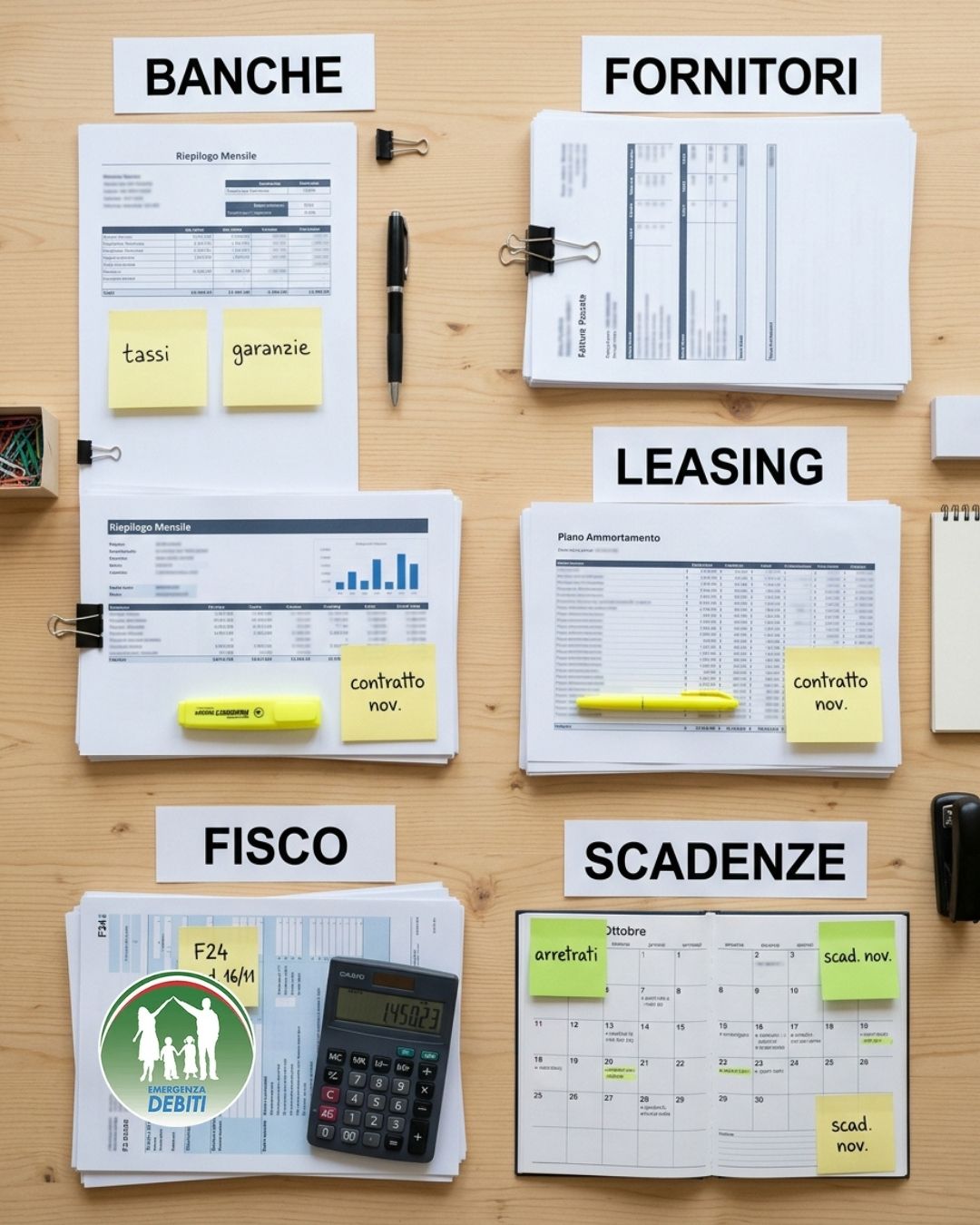 Documenti organizzati per la diagnosi iniziale dei debiti aziendali: banche, fornitori, scadenze, tassi e garanzie.